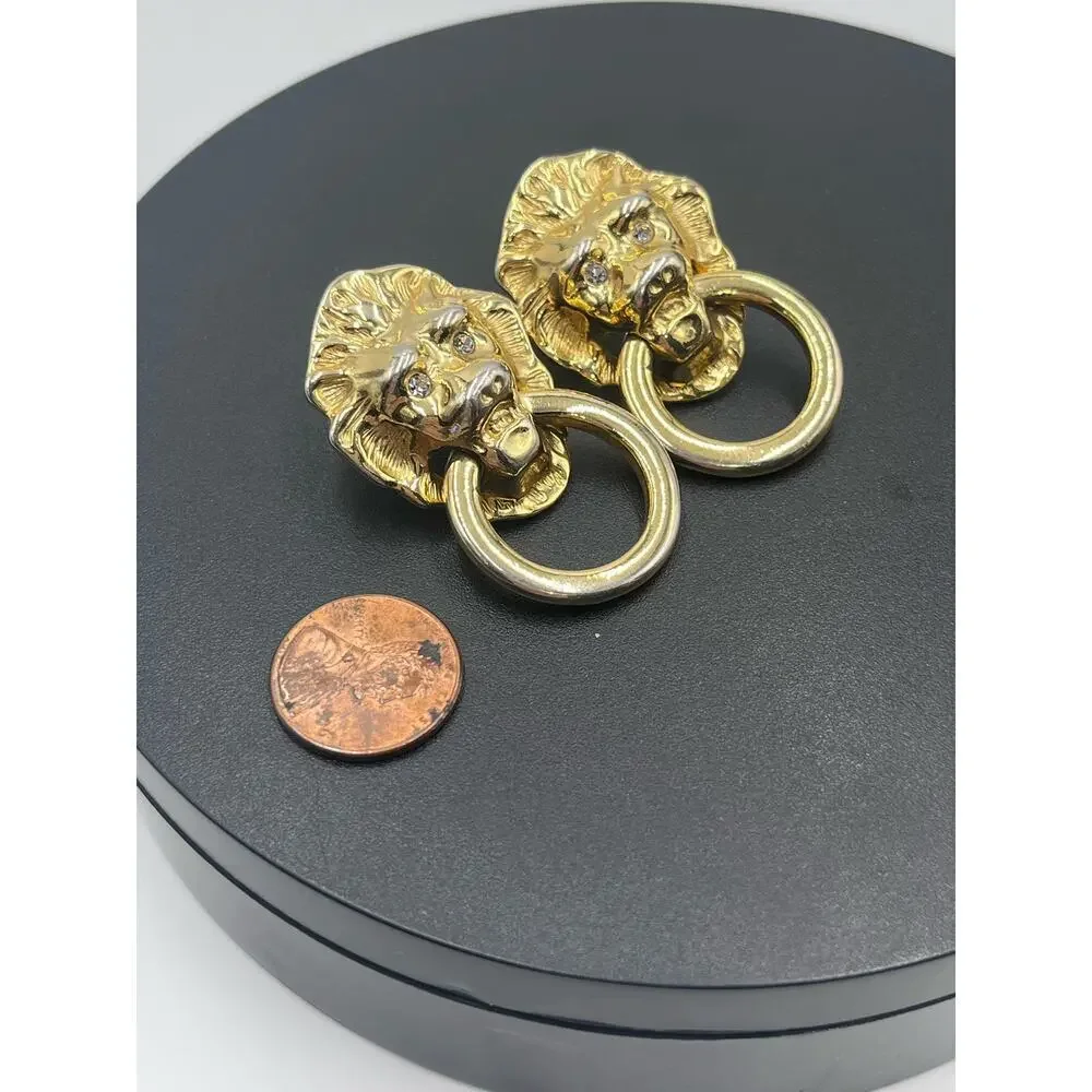 Kenneth Jay Lane Vintage 
Lionhead Doorknocker Rhinestone Eyes‎ Earrings - Picture 14 of 14